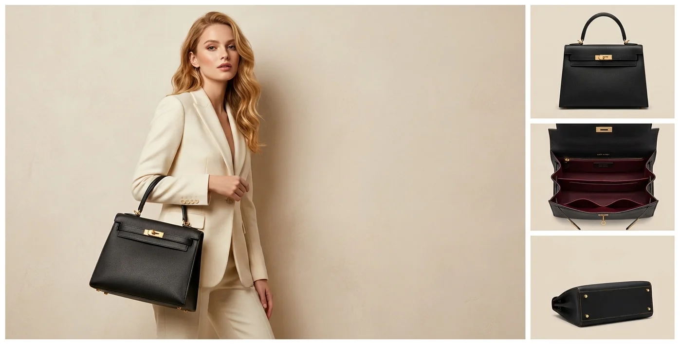 Produktpräsentation mit KI-Model und Detailansichten der Handtasche