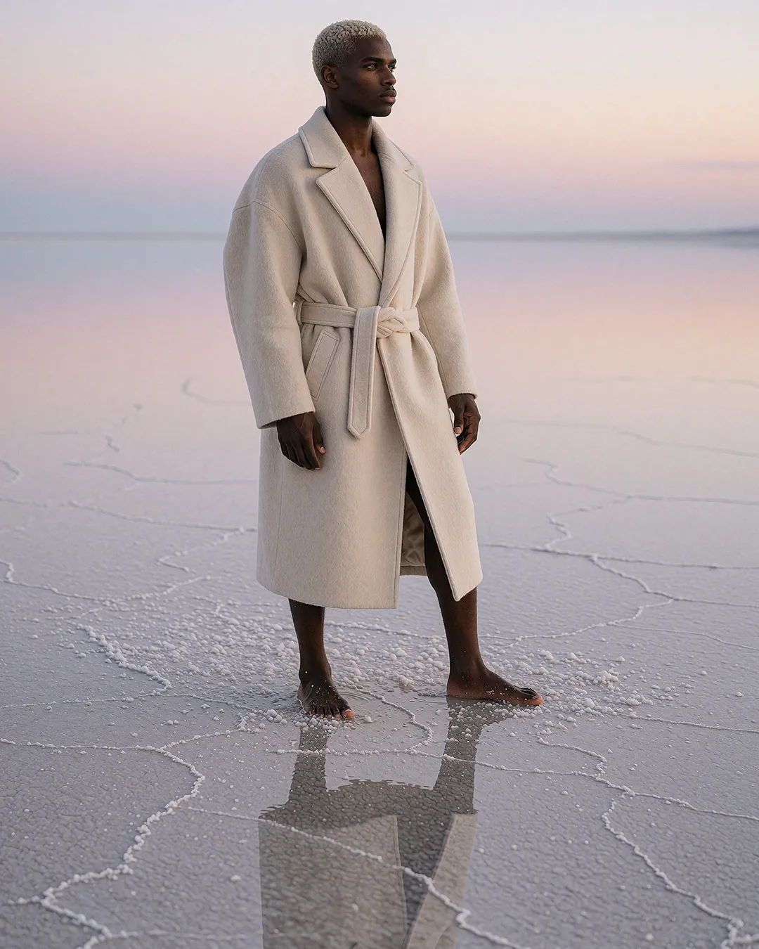 Jordan Reeve, KI Männer Model, im cremefarbenen Mantel barfuß auf spiegelnder Salzebene bei Sonnenuntergang