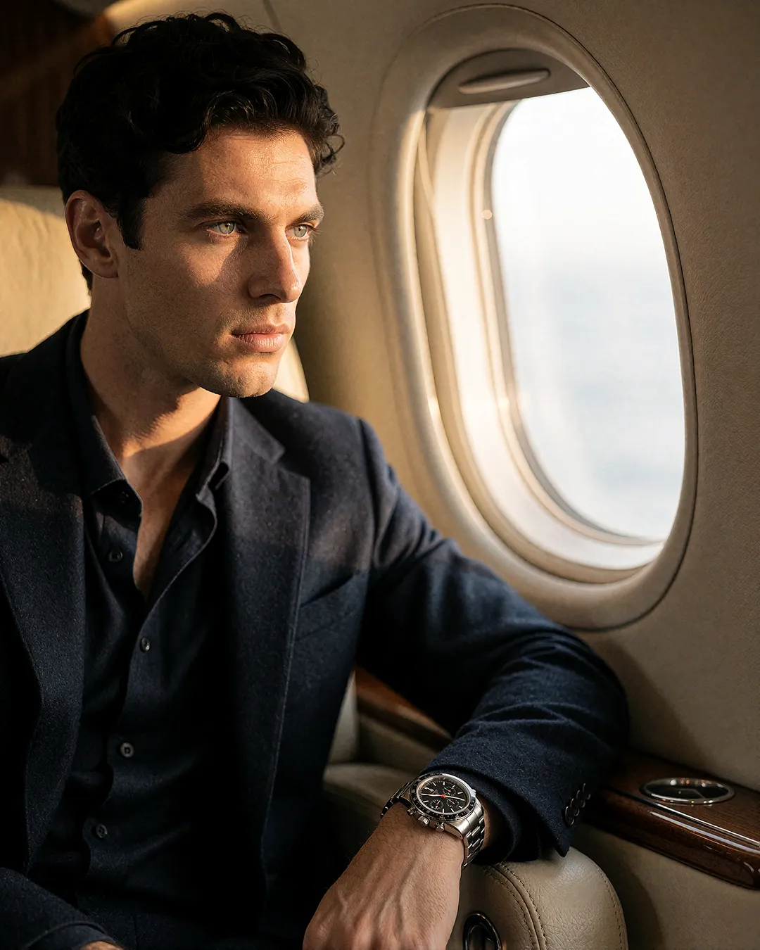 Alessandro Conti, KI Männer Model, nachdenklicher Blick aus dem Fenster eines Privatjets