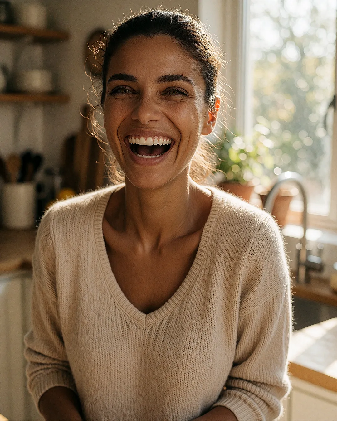 Alessia Rossi, KI Model lacht herzlich in moderner Küche – natürlicher Lifestyle-Moment im Alltag