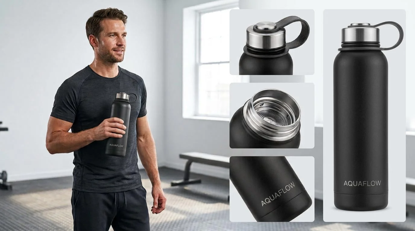 Amazon Produktbilder mit KI Model und Variantenbildern einer Trinkflasche