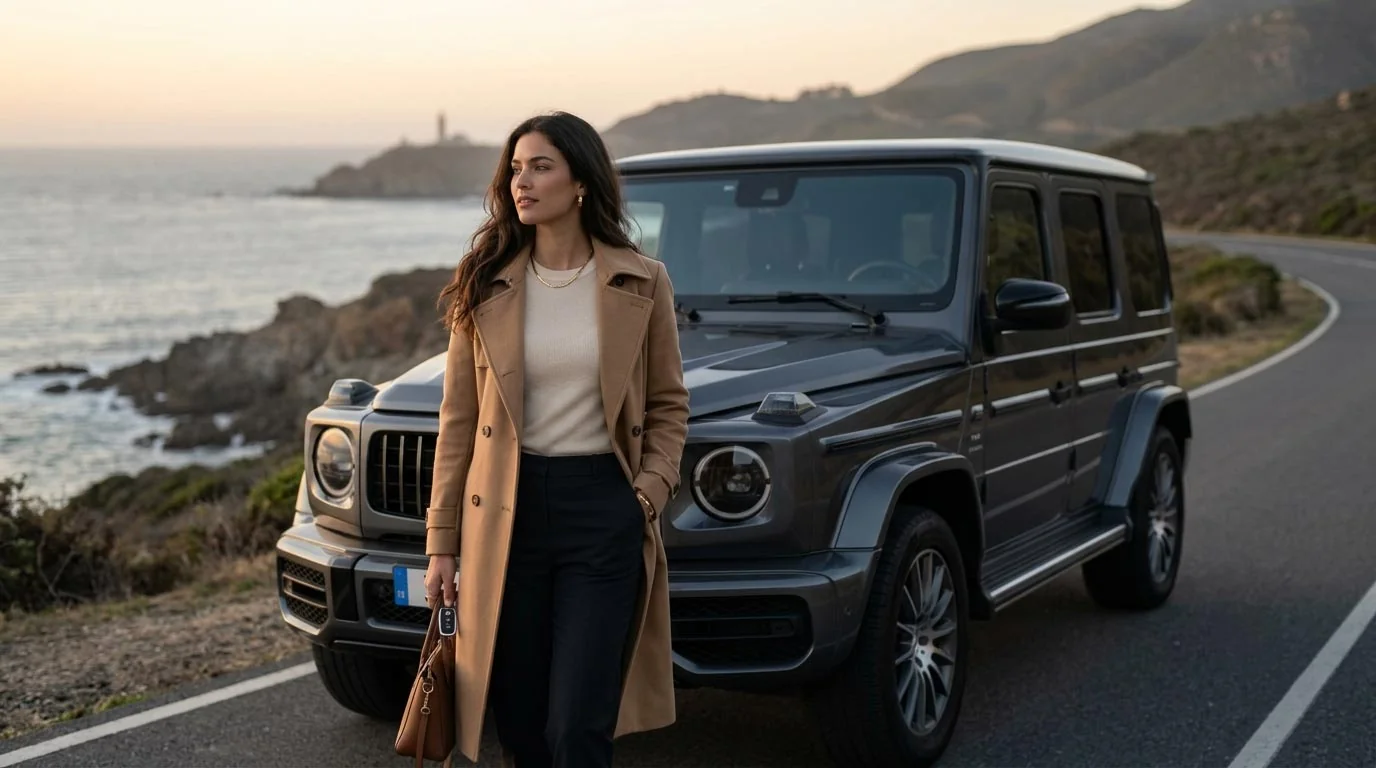 Automotive-Kampagne, KI Model neben Luxus-SUV an der Küste
