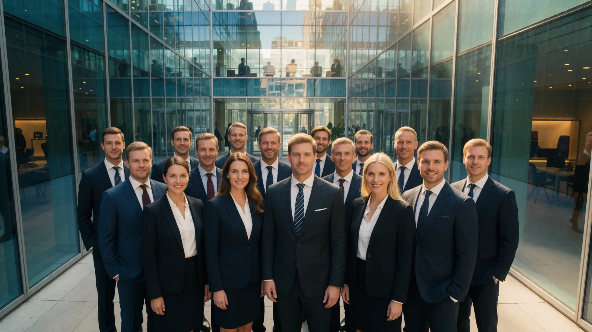 Business-Fotografie mit KI generiertem Teamportrait vor Glasfassade, Headshots für LinkedIn