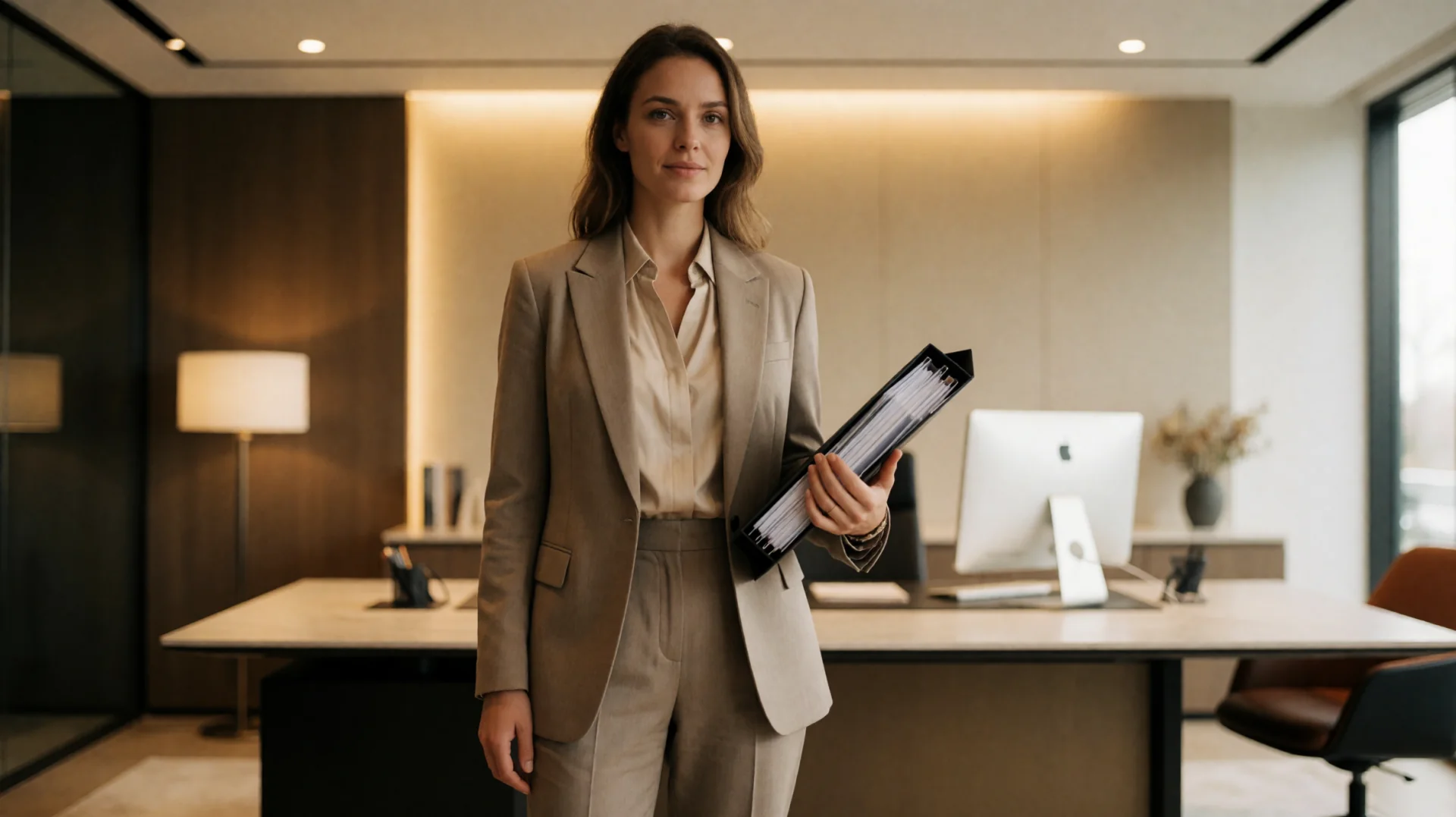 Maklerfoto mit KI generiertem Portrait einer Immobilienmaklerin im modernen Büro
