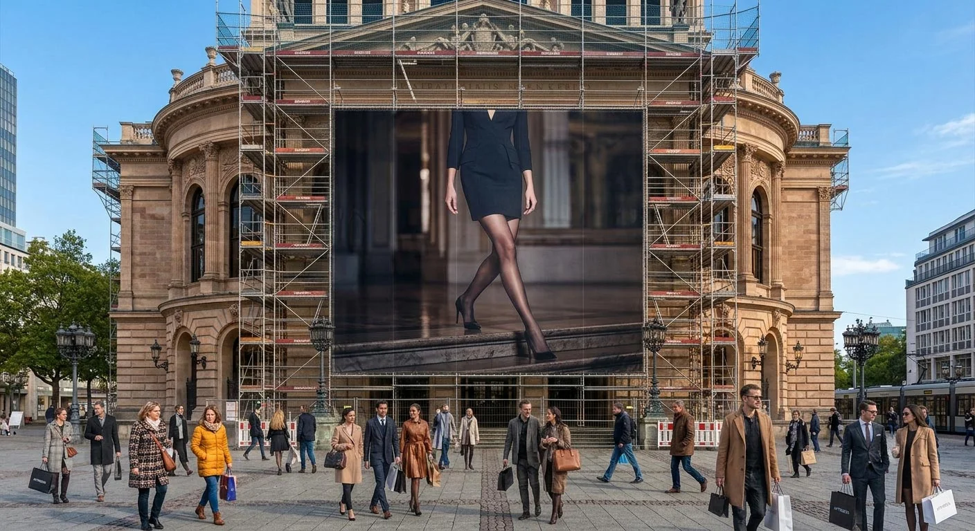 Key Visual mit KI Model, großformatige Gebäudewerbung in der Stadt