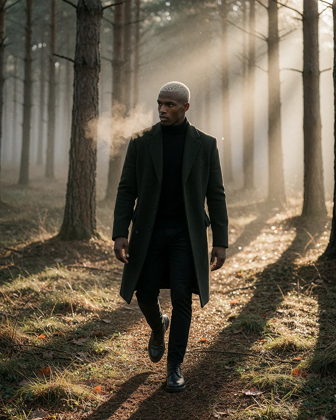 1. Waldspaziergang, dunkler Mantel, Atem in der Kälte Alt: "Jordan Reece, KI Männer Model, im dunklen Mantel beim Spaziergang durch einen sonnendurchfluteten Winterwald