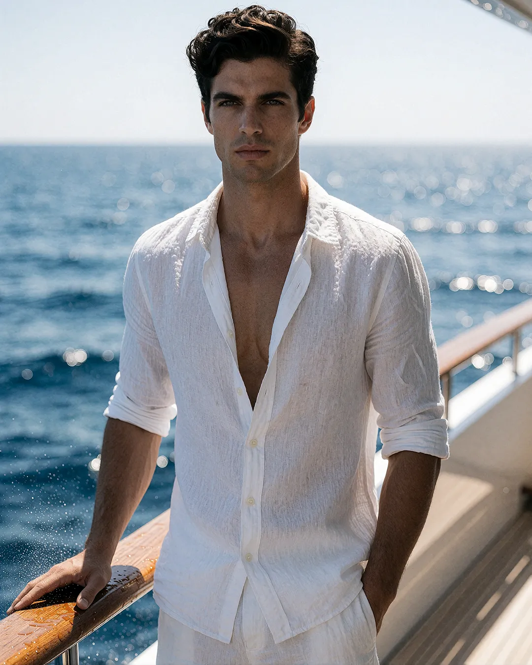 Alessandro Conti, KI Männer Model, im offenen Leinenhemd an Bord einer Yacht