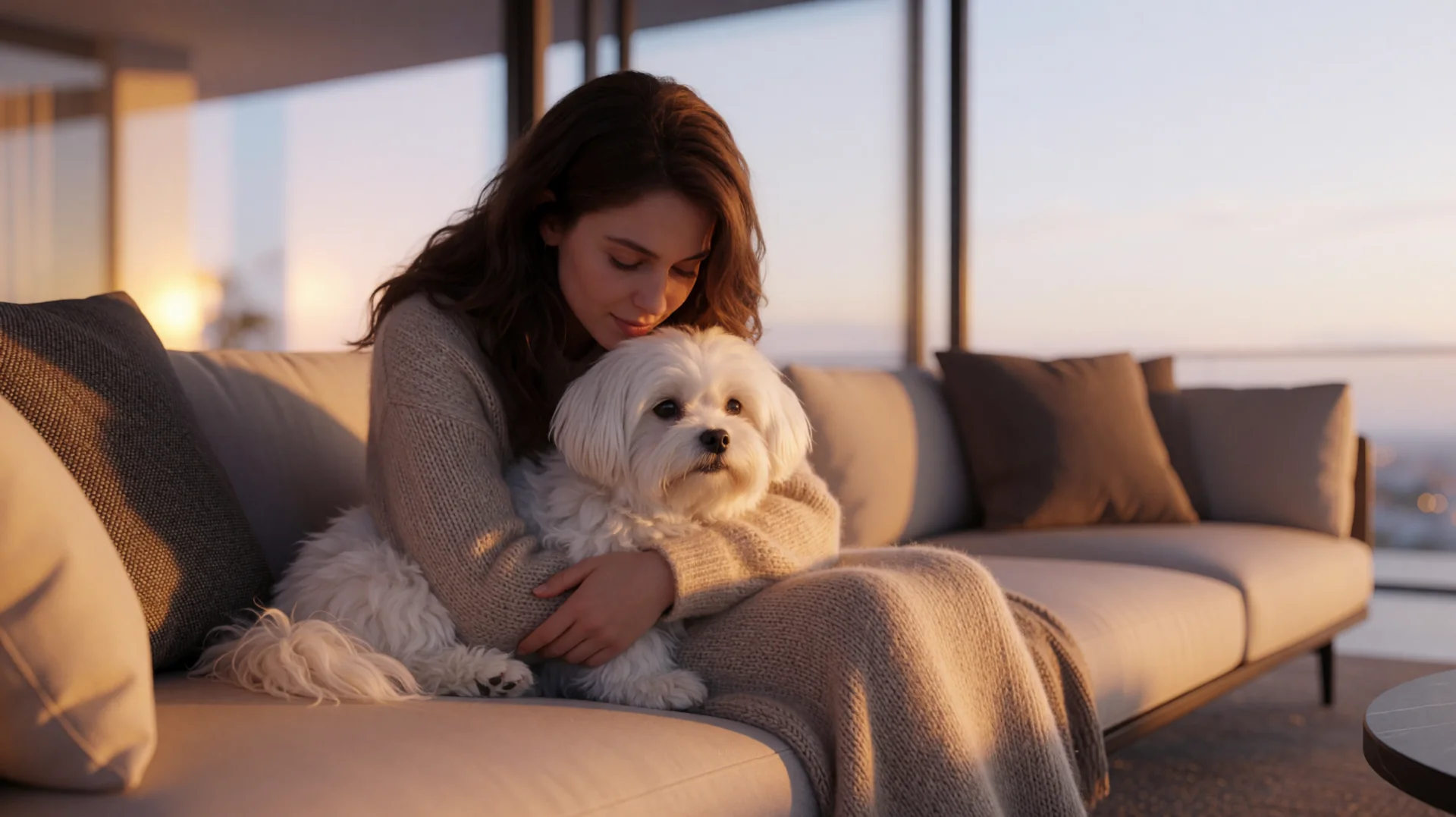KI Hund-Zwilling, Frau umarmt innig ihren Hund auf dem Sofa in der Abenddämmerung