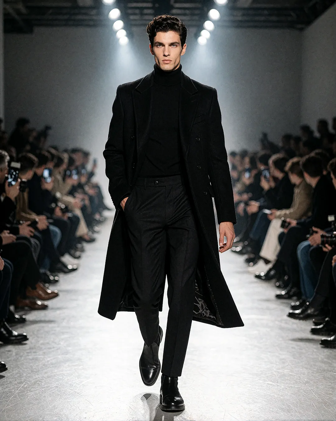 Alessandro Conti, KI Männer Model, auf dem Laufsteg im schwarzen Mantel-Look
