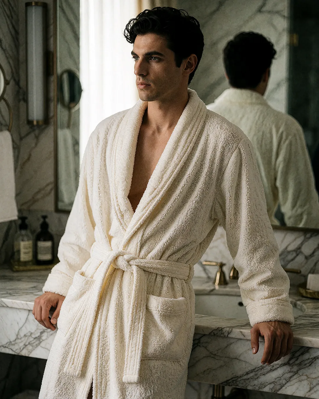 Alessandro Conti, KI Männer Model, entspannt im Bademantel in einem eleganten Marmorbad