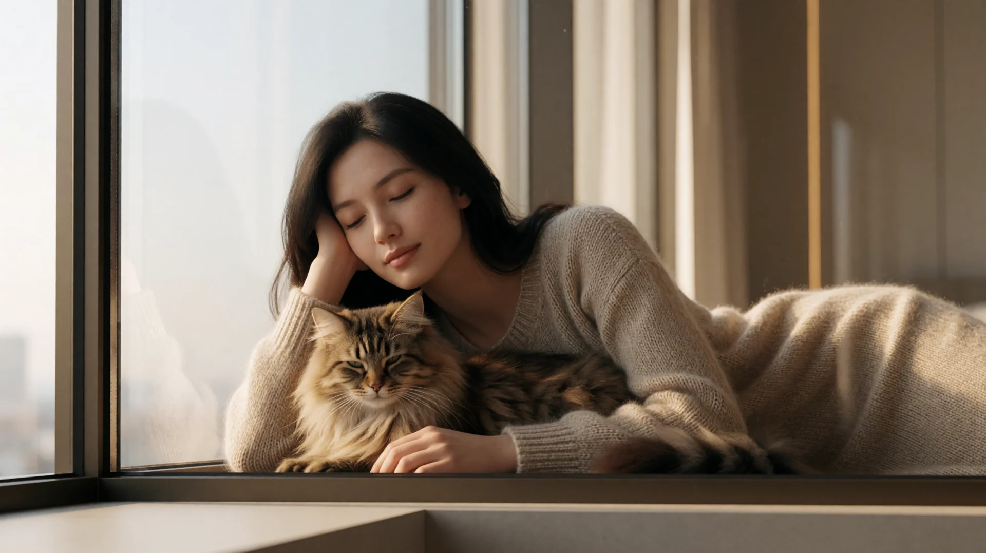 KI Katzen-Zwilling, Frau kuschelt innig mit ihrer Katze am Fenster