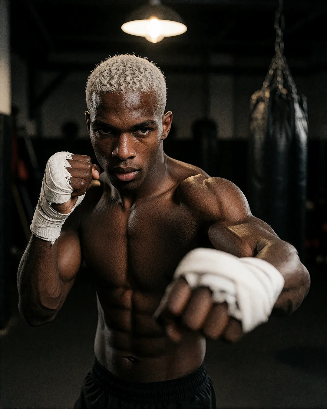 Jordan Reeve, KI Männer Model, durchtrainiert mit Faustbandagen in Kampfhaltung im Boxstudio