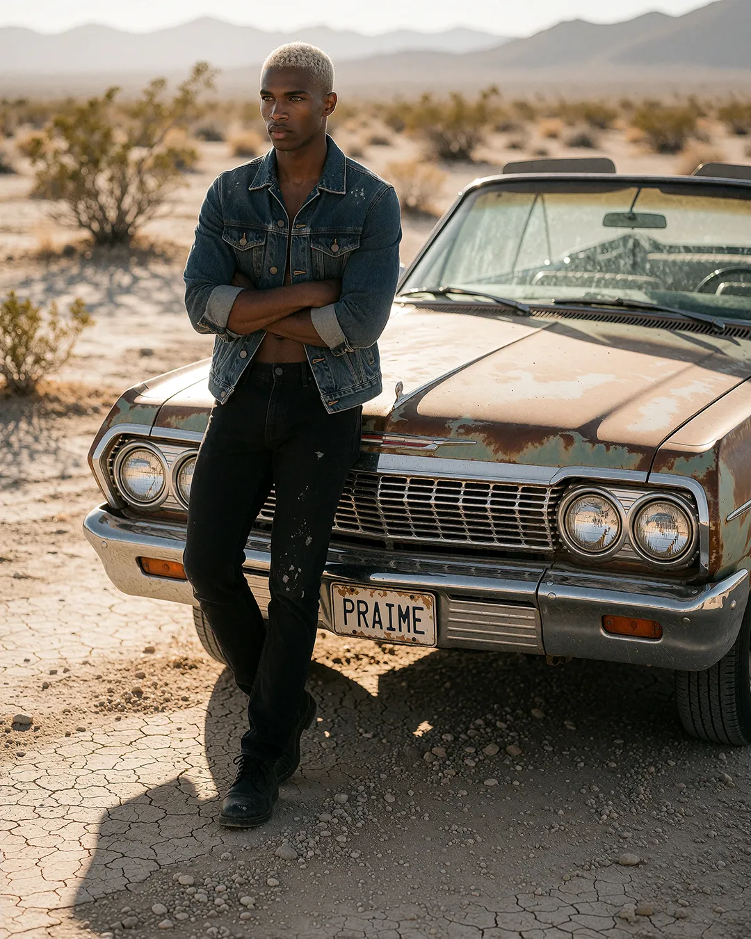 Jordan Reeve, KI Männer Model, in Jeansjacke vor rostigem Oldtimer in der Wüste