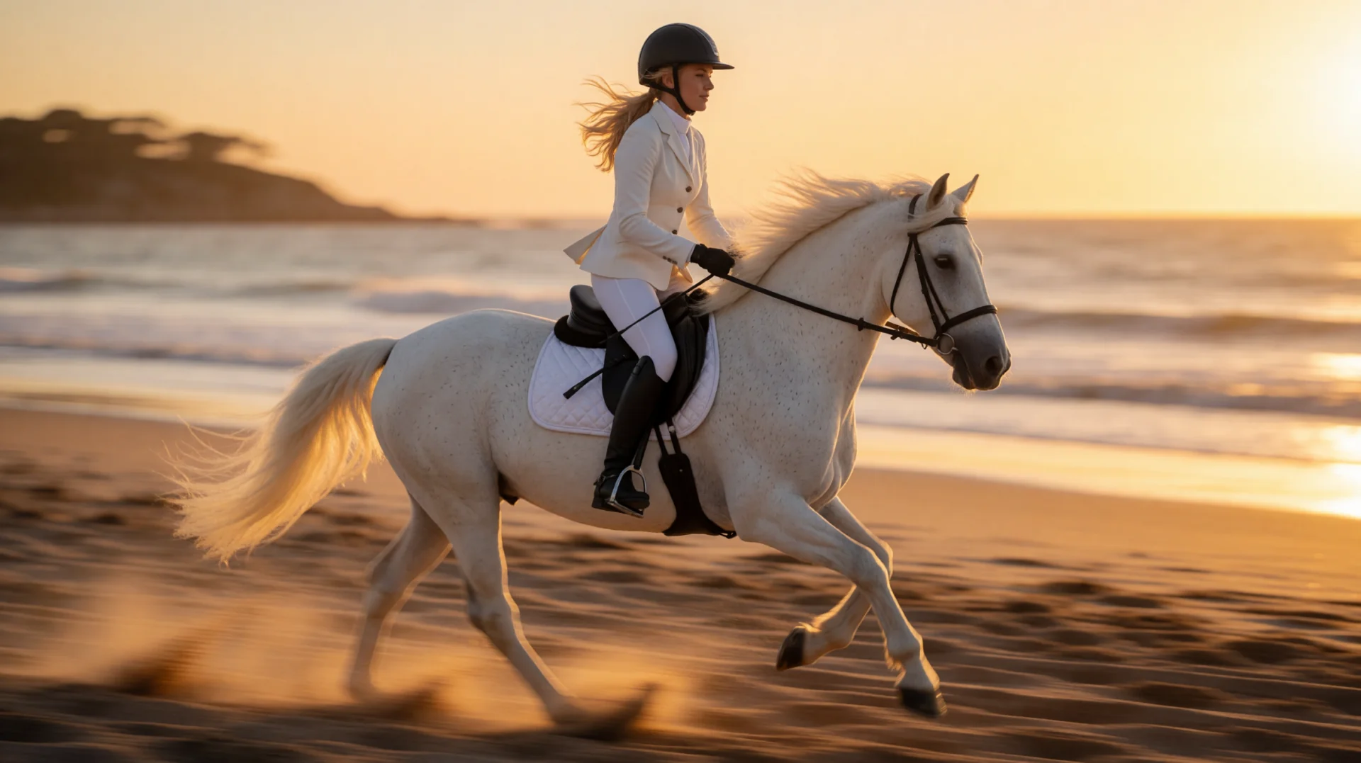 KI Haustier-Zwilling, Reiterin galoppiert mit ihrem Pferd am Strand bei Sonnenuntergang