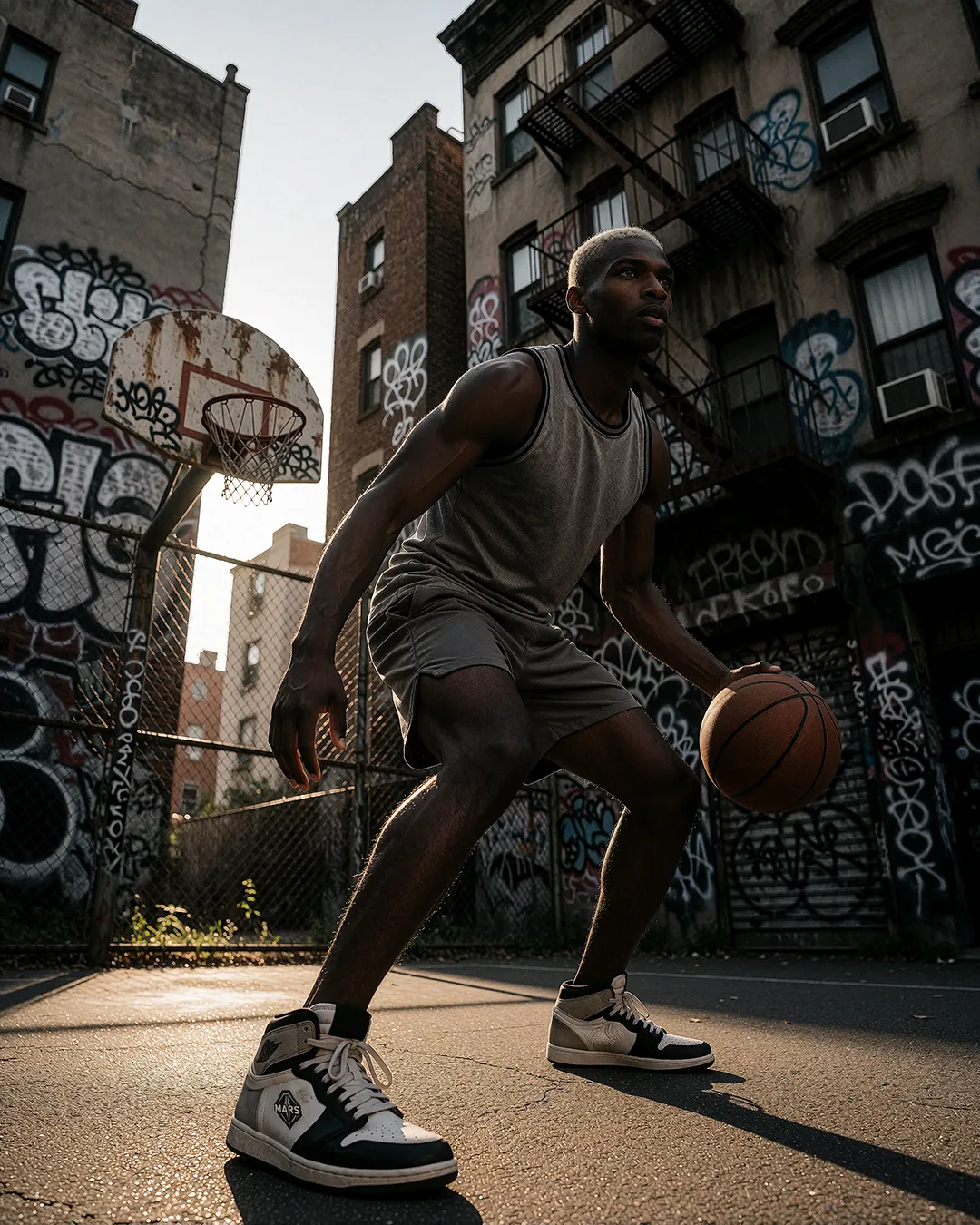 Jordan Reeve, KI Männer Model, beim Basketball-Dribbling auf einem Streetball-Court mit Graffiti