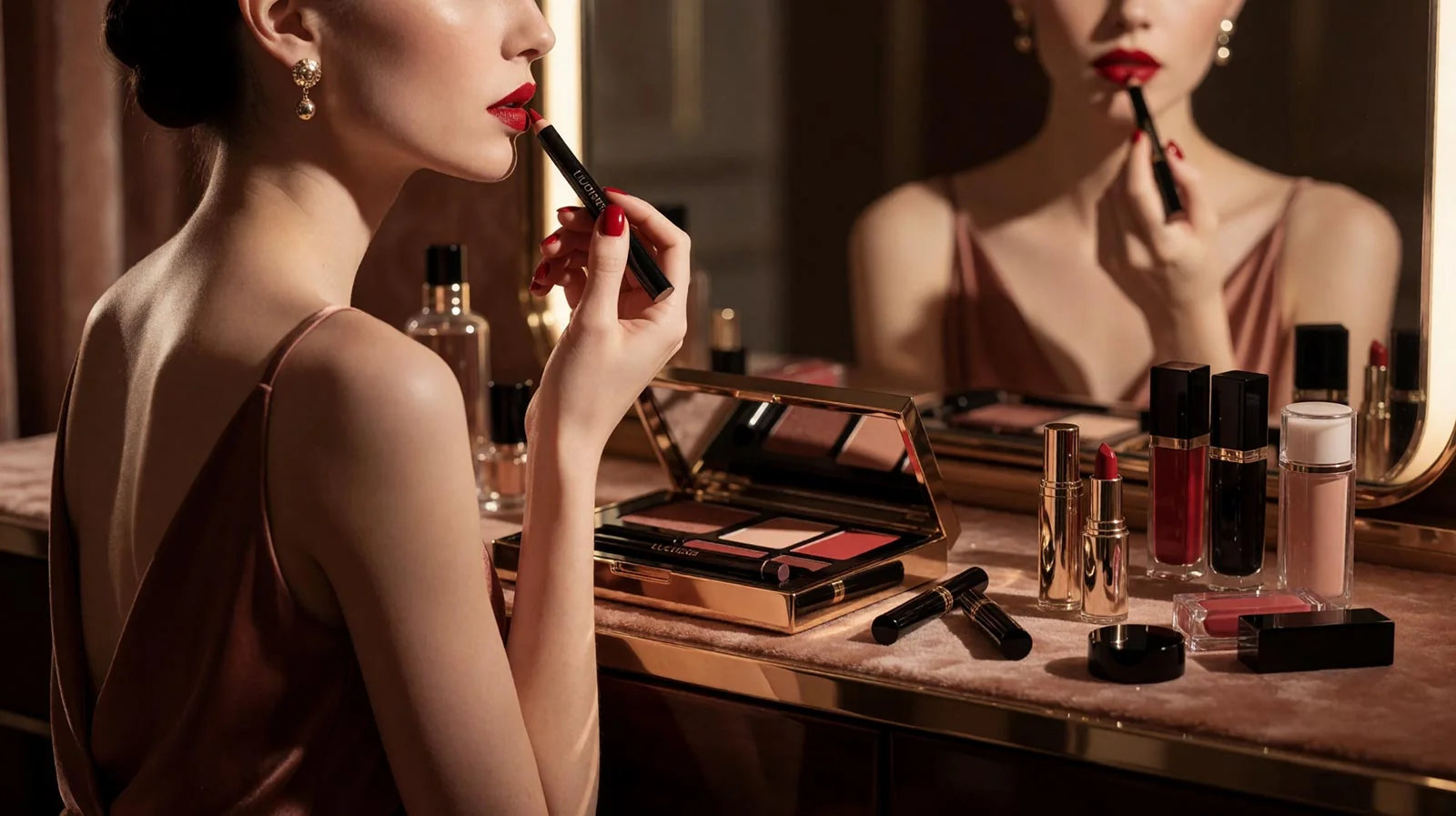 Kosmetik-Fotografie mit KI Model, makellose Anwendung von Lippenstift vor Spiegel