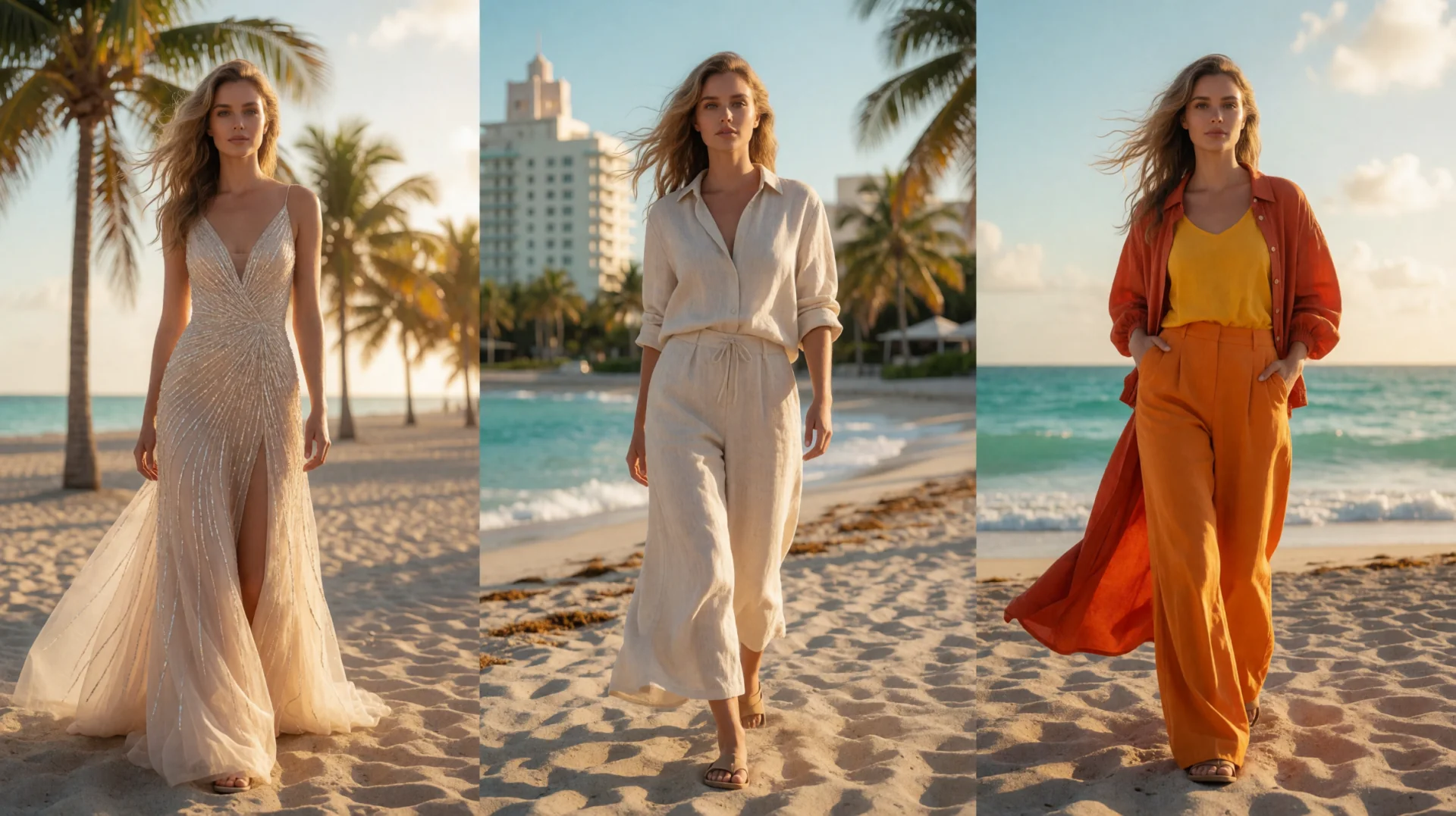 Lookbook mit einem KI Model in drei unterschiedlichen Looks am Strand