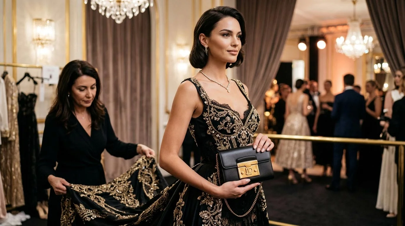 Luxusmarken-Kampagne mit KI Model in edlem Abendkleid und Handtasche