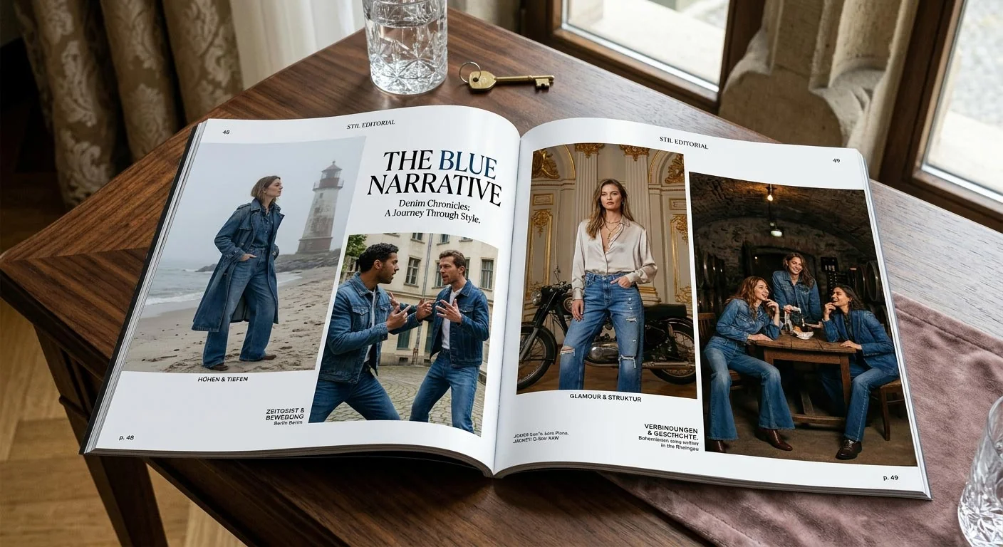 Magazin-Editorial mit KI Models in Denim-Kollektion, aufgeschlagenes Modemagazin