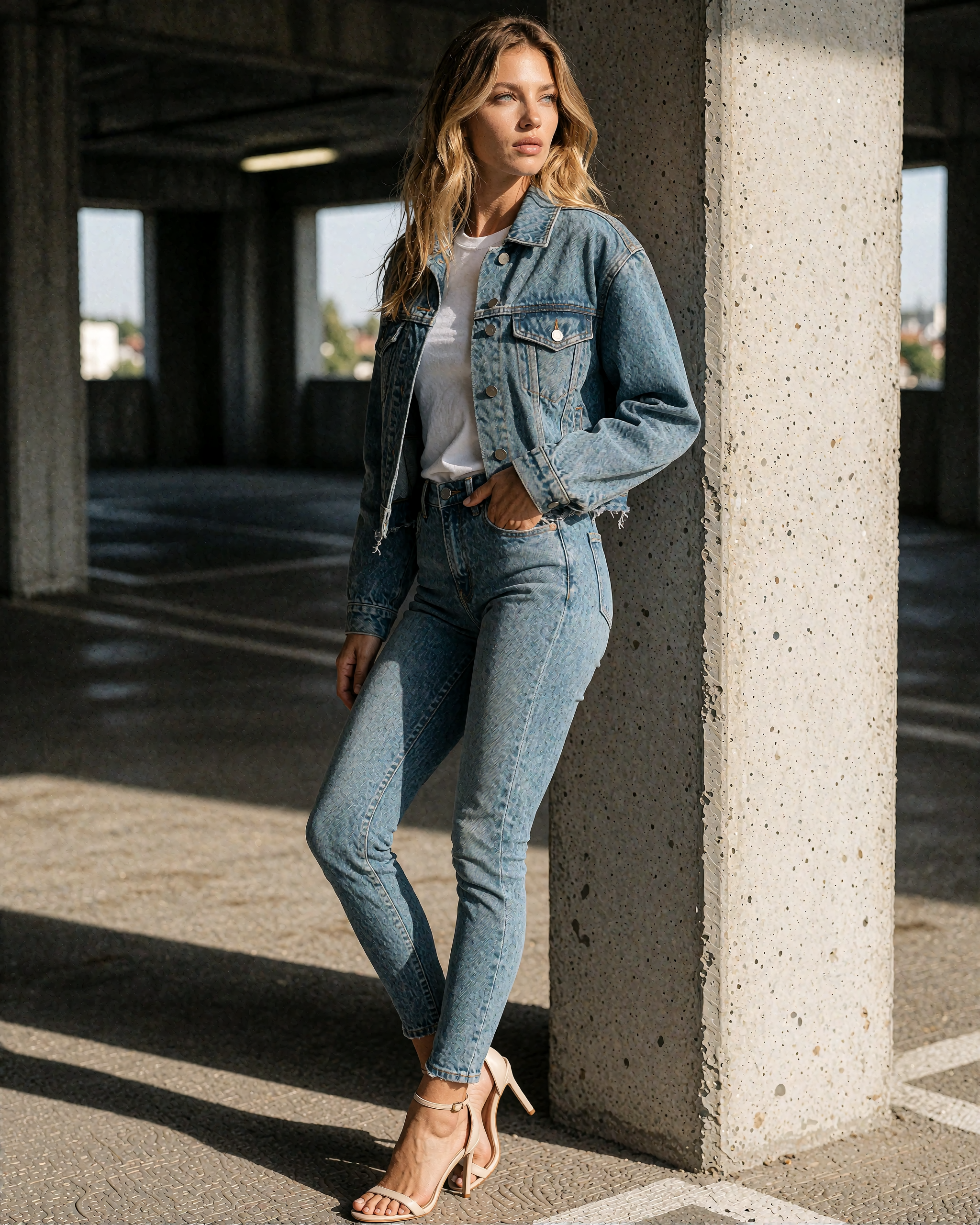 Mia Sonnberg trägt Jeansjacke und Skinny-Jeans zwischen Betonsäulen eines Parkhauses.