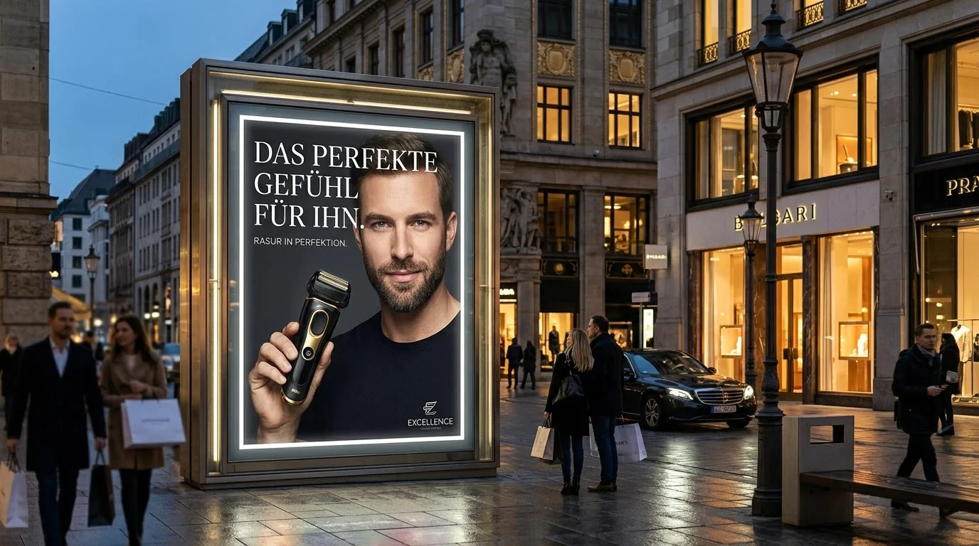 Plakatmotiv mit KI generiertem Model, großformatige City-Light-Werbung