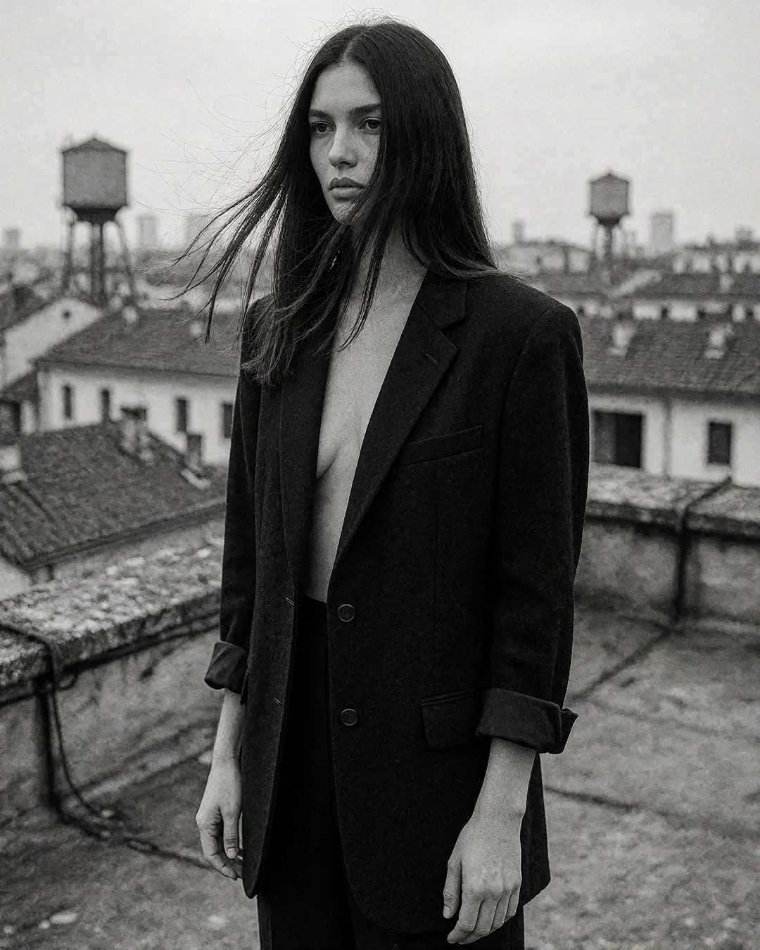 Giulia Ferrante trägt einen offenen Blazer auf einem Dach, Schwarz-Weiß-Porträt mit Wasserturm-Kulisse.