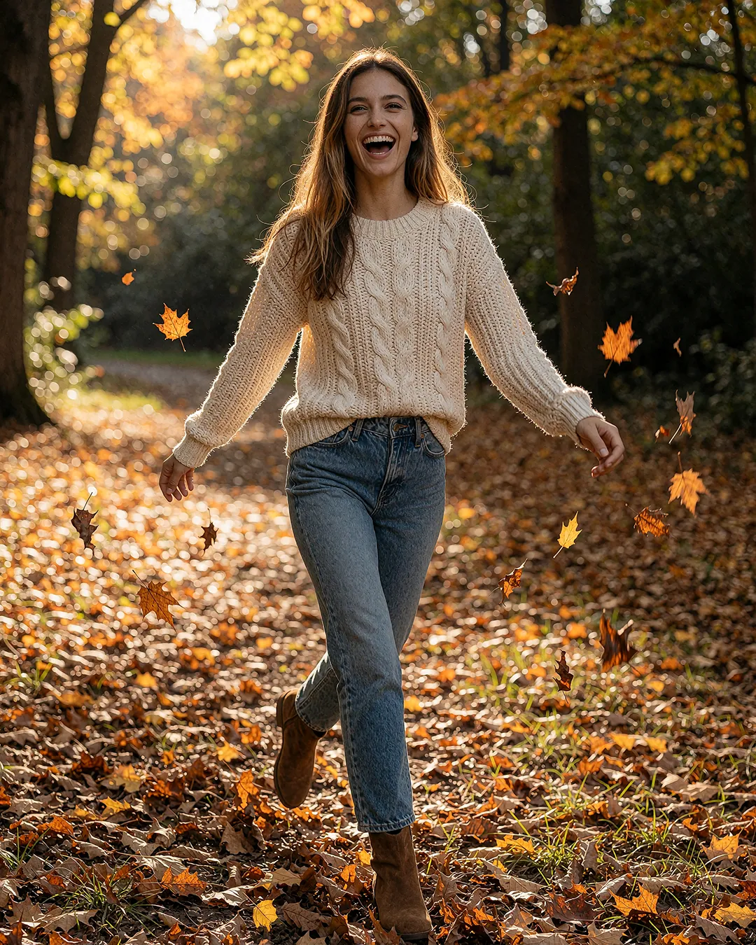 Alba Vidaurre lacht im cremefarbenen Zopfmuster-Pullover beim Spaziergang über einen Herbstweg.