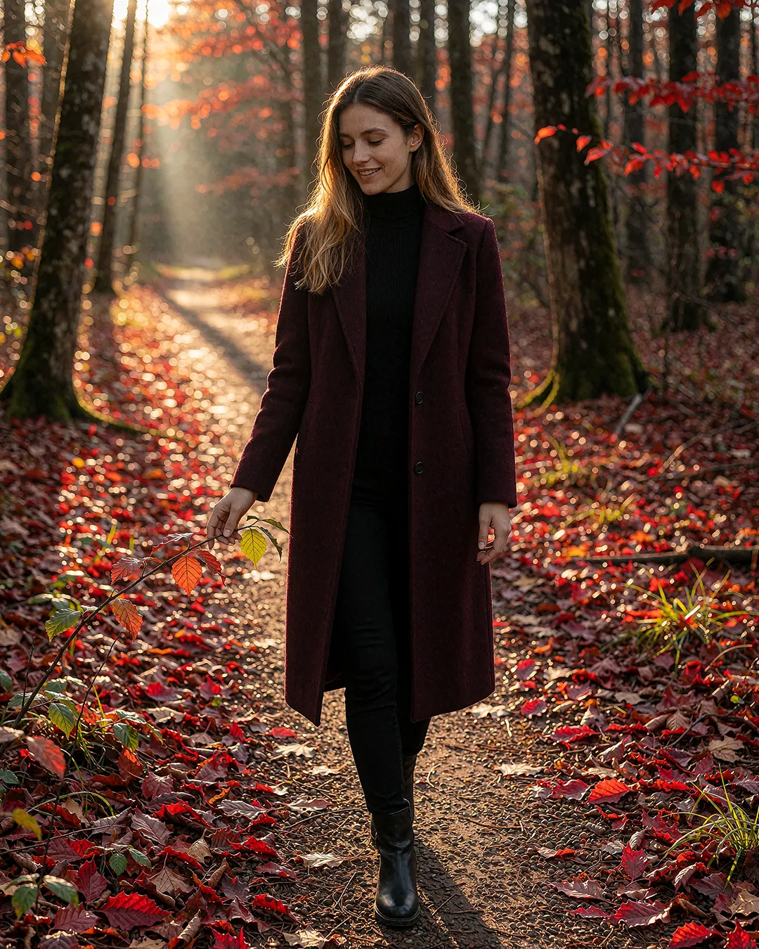 Alba Vidaurre geht im weinroten Mantel über einen herbstlichen Waldweg im Sonnenuntergangslicht.