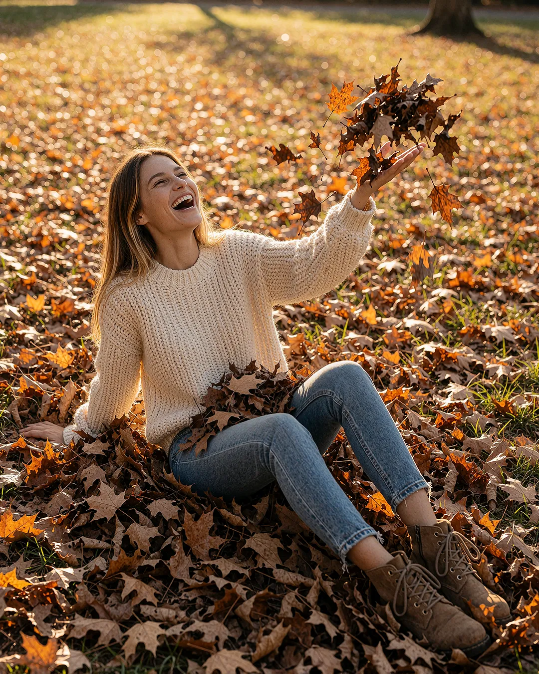 Alba Vidaurre sitzt lachend im cremefarbenen Pullover in einem Haufen Herbstblätter.