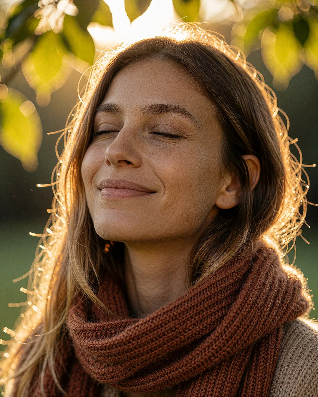 Alba Vidaurre im Beauty-Nahporträt mit geschlossenen Augen und rostfarbenem Schal im Gegenlicht.