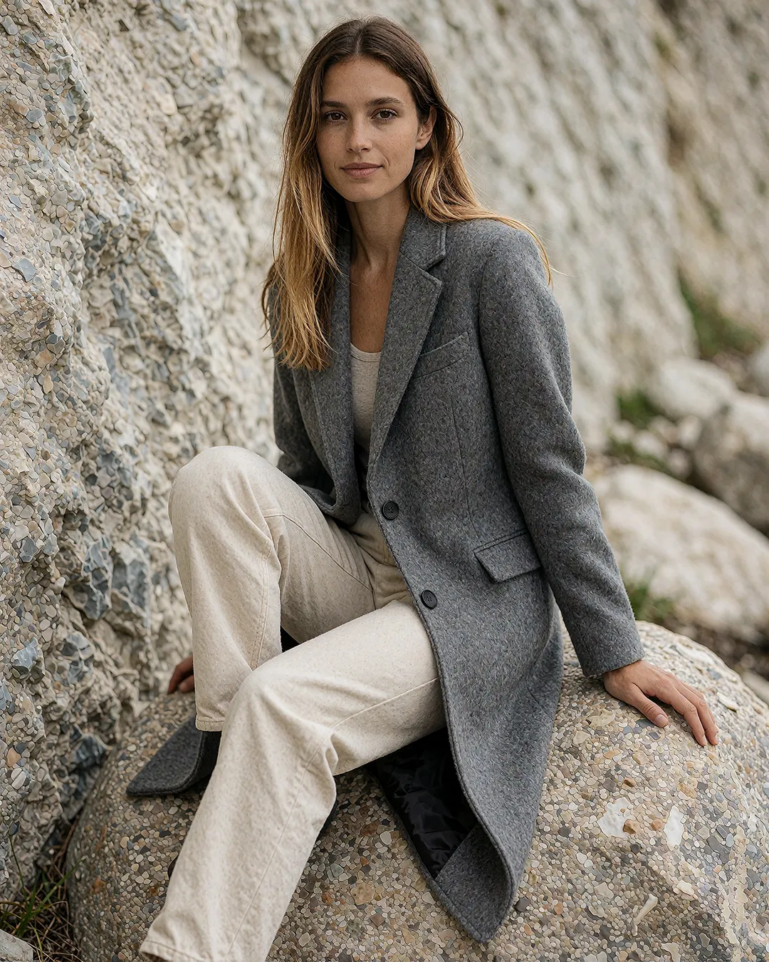 Alba Vidaurre sitzt im grauen Mantel auf einem Felsen vor einer Steilküste.