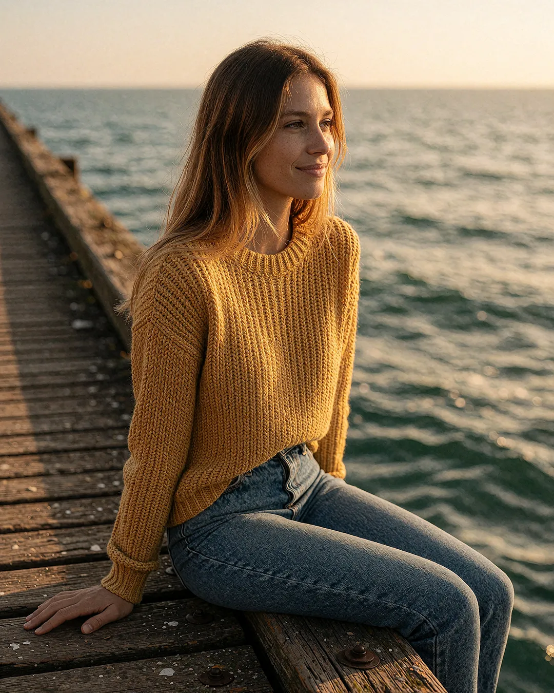 Alba Vidaurre sitzt im senffarbenen Pullover bei Sonnenuntergang auf einer Seebrücke.
