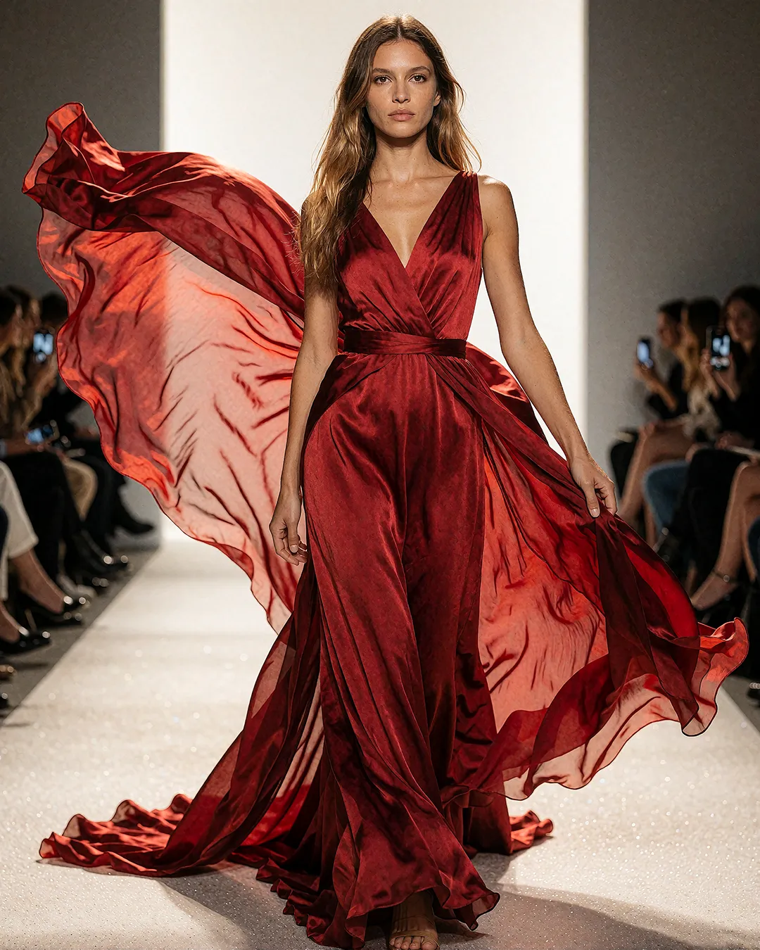 Alba Vidaurre trägt ein fließendes rotes Seidenkleid auf dem Laufsteg einer Fashion Show.
