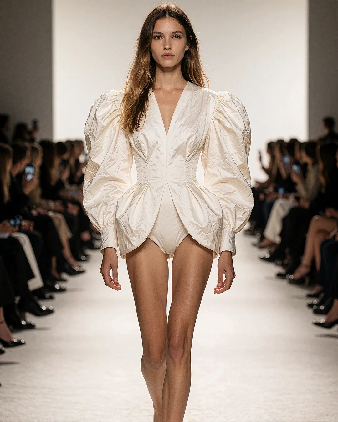Alba Vidaurre trägt einen cremefarbenen Avantgarde-Look mit Puffärmeln auf dem Laufsteg.