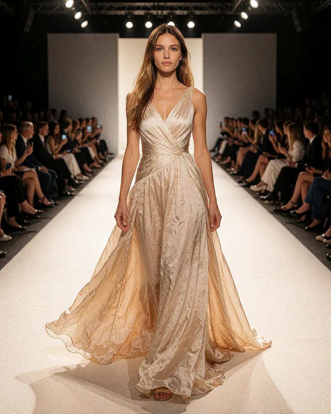 Alba Vidaurre trägt ein champagnerfarbenes Abendkleid mit fließendem Rock auf dem Laufsteg.