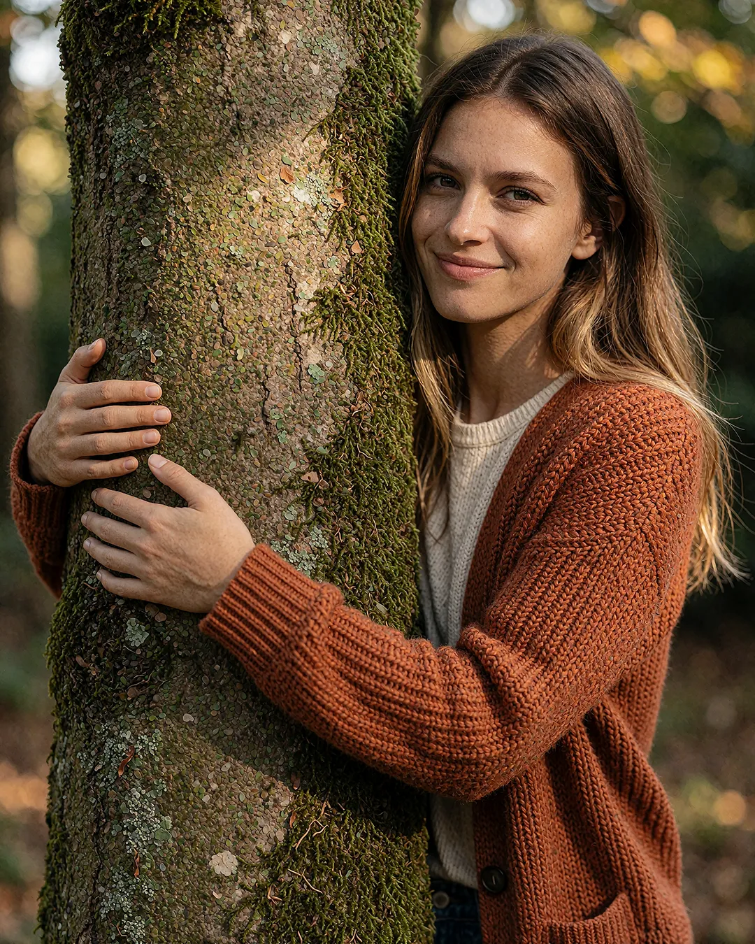 Alba Vidaurre lächelt im rostfarbenen Cardigan an einen moosbewachsenen Baumstamm gelehnt
