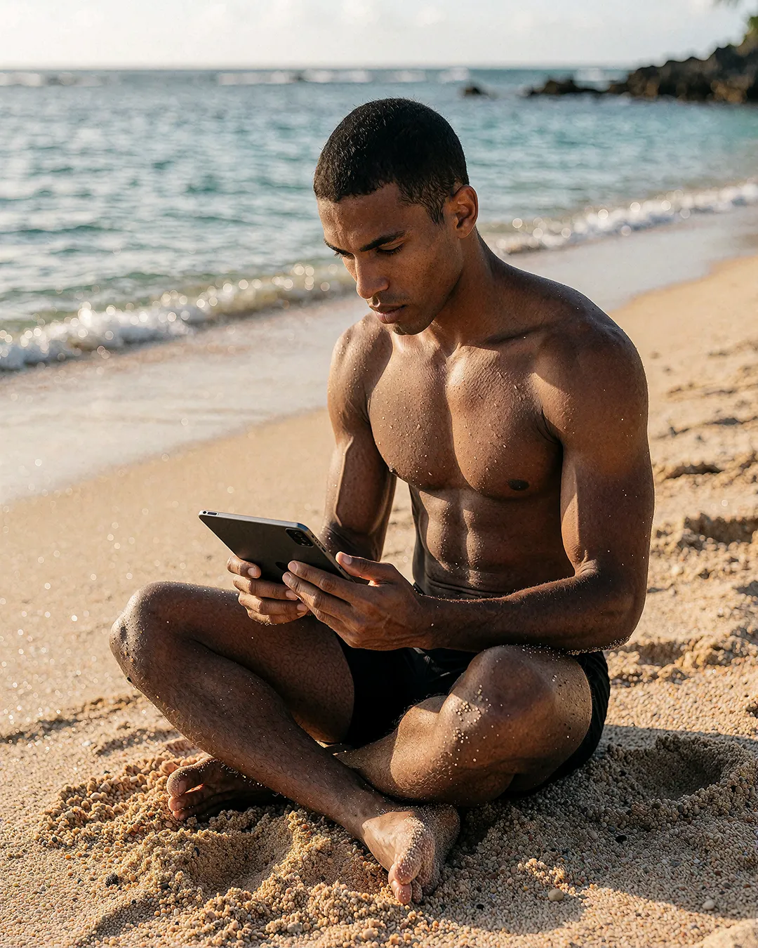 Baptiste Marchois sitzt mit einem Tablet am schwarzen Sandstrand vor dem Meer.