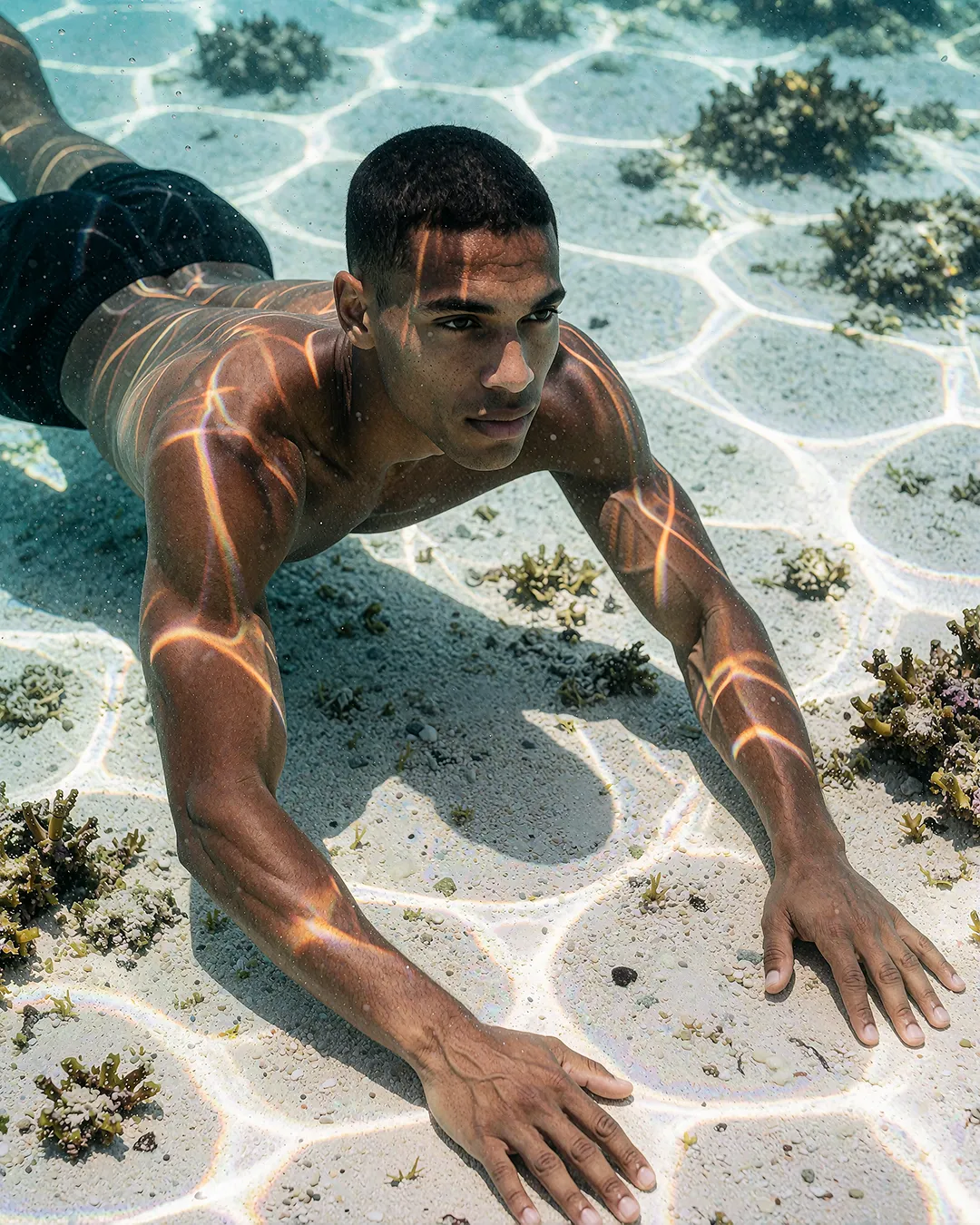 Baptiste Marchois robbt mit ausgestreckten Armen über einen wabenförmigen Korallenboden im Meer.