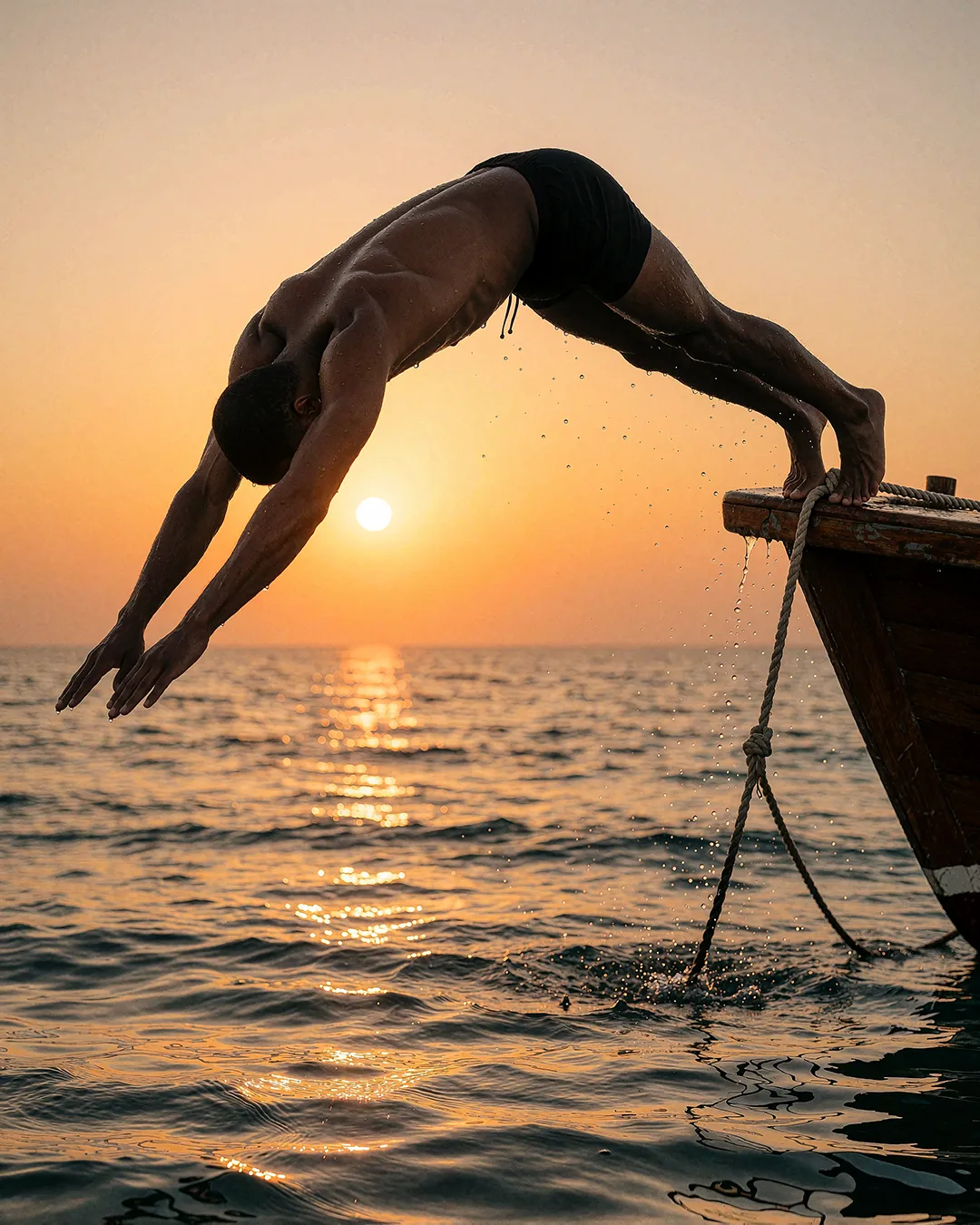 Baptiste Marchois springt im Bogensprung vom Boot ins Meer vor der untergehenden Sonne.