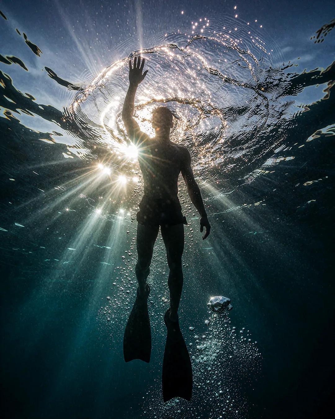 Baptiste Marchois taucht mit erhobener Hand durch Sonnenstrahlen an die Wasseroberfläche empor.
