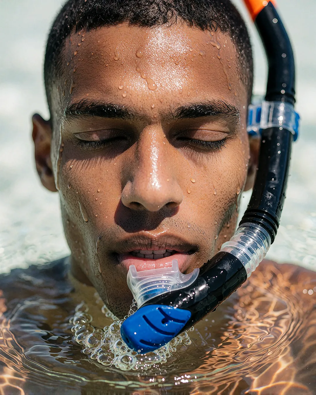 Baptiste Marchois taucht mit Schnorchel und geschlossenen Augen dicht unter der Wasseroberfläche.