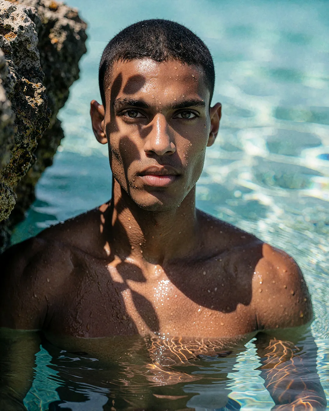 Baptiste Marchois im Nahporträt mit nassen Schultern zwischen Felsen im türkisfarbenen Wasser.
