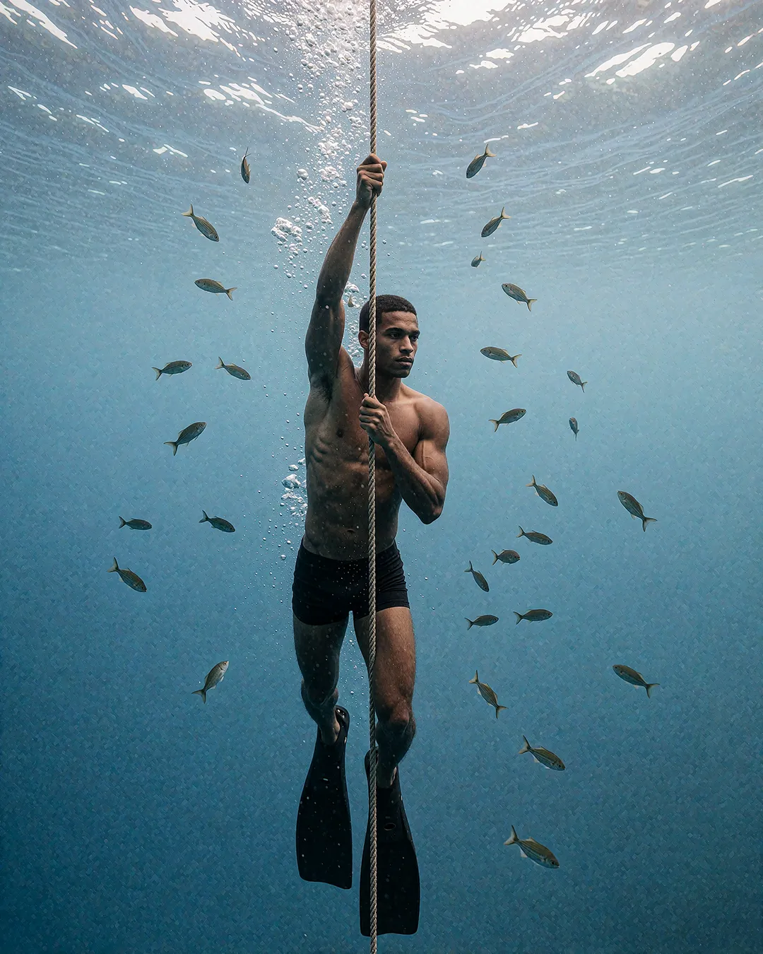 Baptiste Marchois klettert mit Flossen an einem Seil durch einen Fischschwarm unter Wasser.
