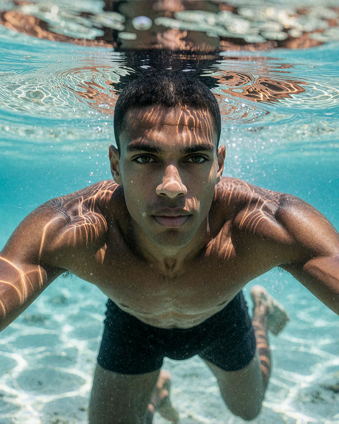 Baptiste Marchois zeigt ein dramatisches Nahporträt mit Wassertropfen im Streiflicht eines Pools.