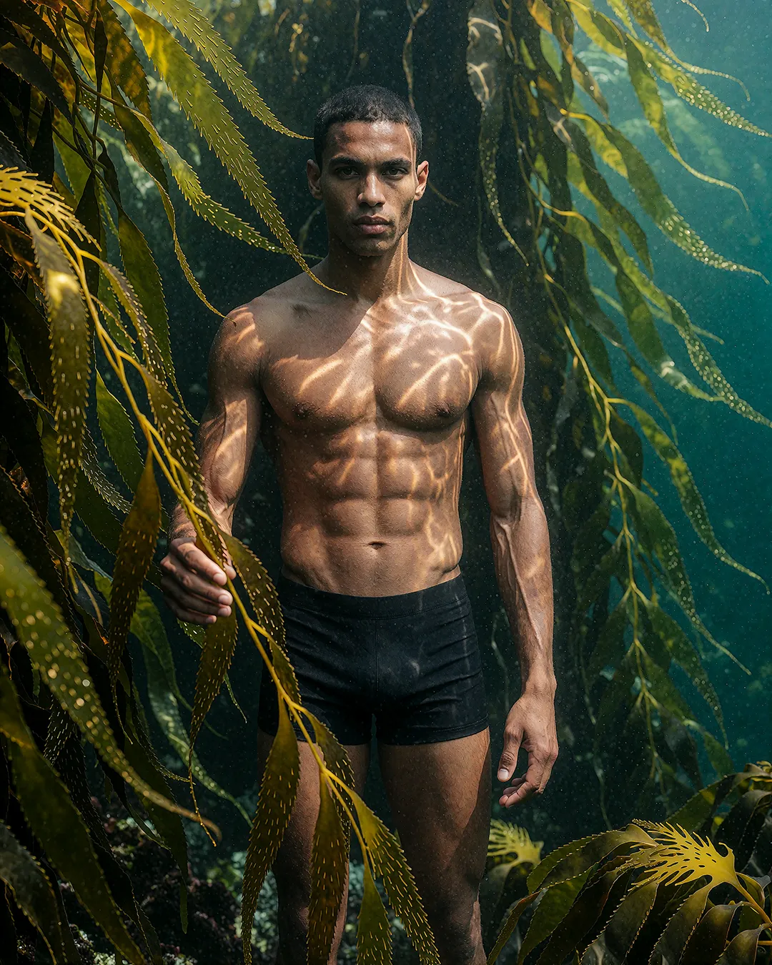 Baptiste Marchois steht mit durchtrainiertem Körper zwischen Kelpwäldern unter Wasser im Lichtspiel.