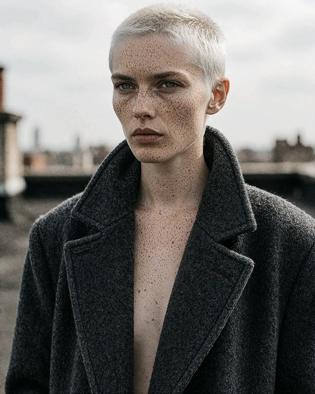 Robin Aschenberg im offenen Wollmantel auf der Dachterrasse, High-Fashion-Skyline-Shooting.