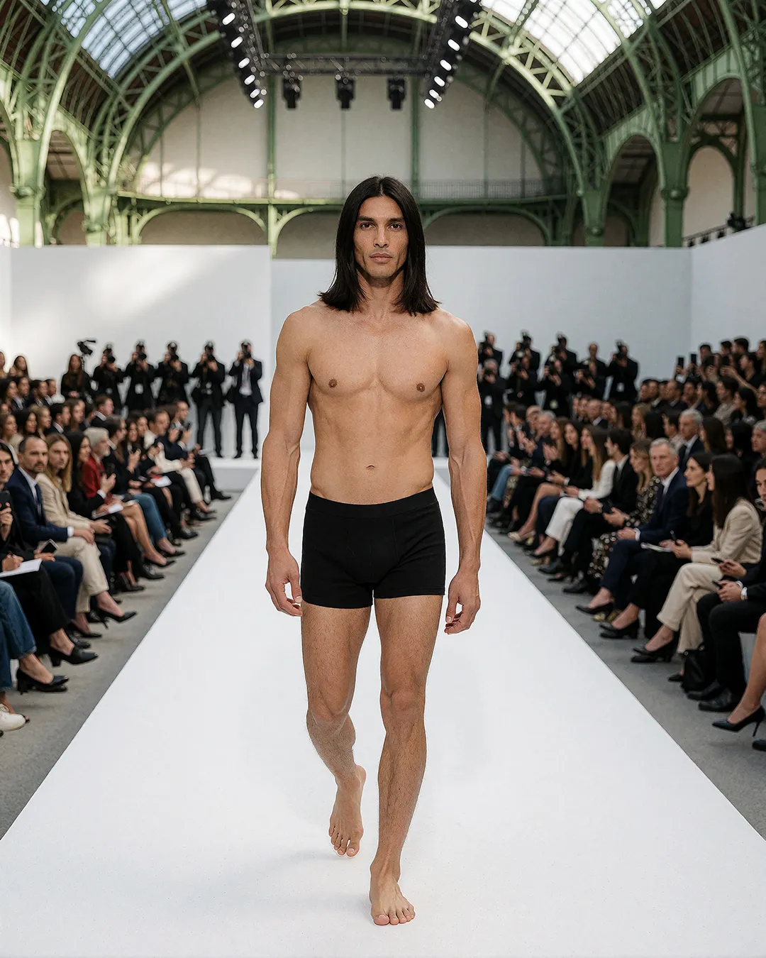Diego Villalobos geht in schwarzer Unterwäsche über den Laufsteg einer Fashion Show in der Glashalle.