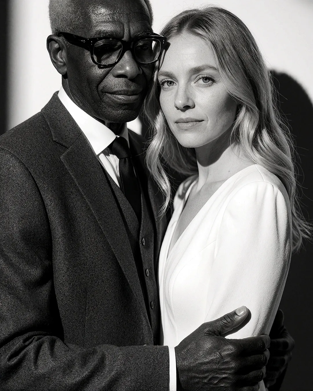 Earl Radcliffe umarmt zärtlich eine junge Frau im eleganten Schwarz-Weiß-Porträt.