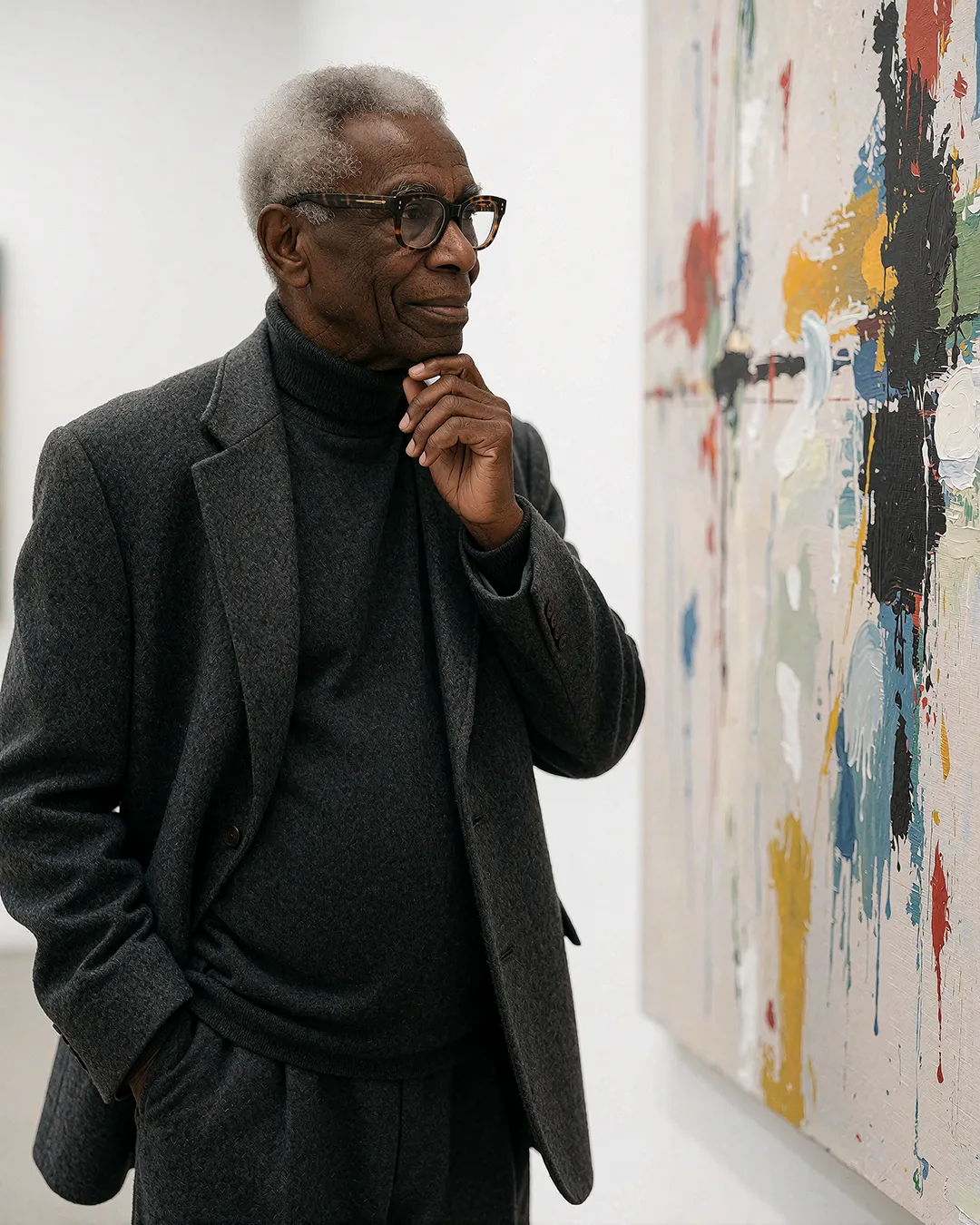 Earl Radcliffe betrachtet nachdenklich ein abstraktes Gemälde in einer weißen Kunstgalerie.