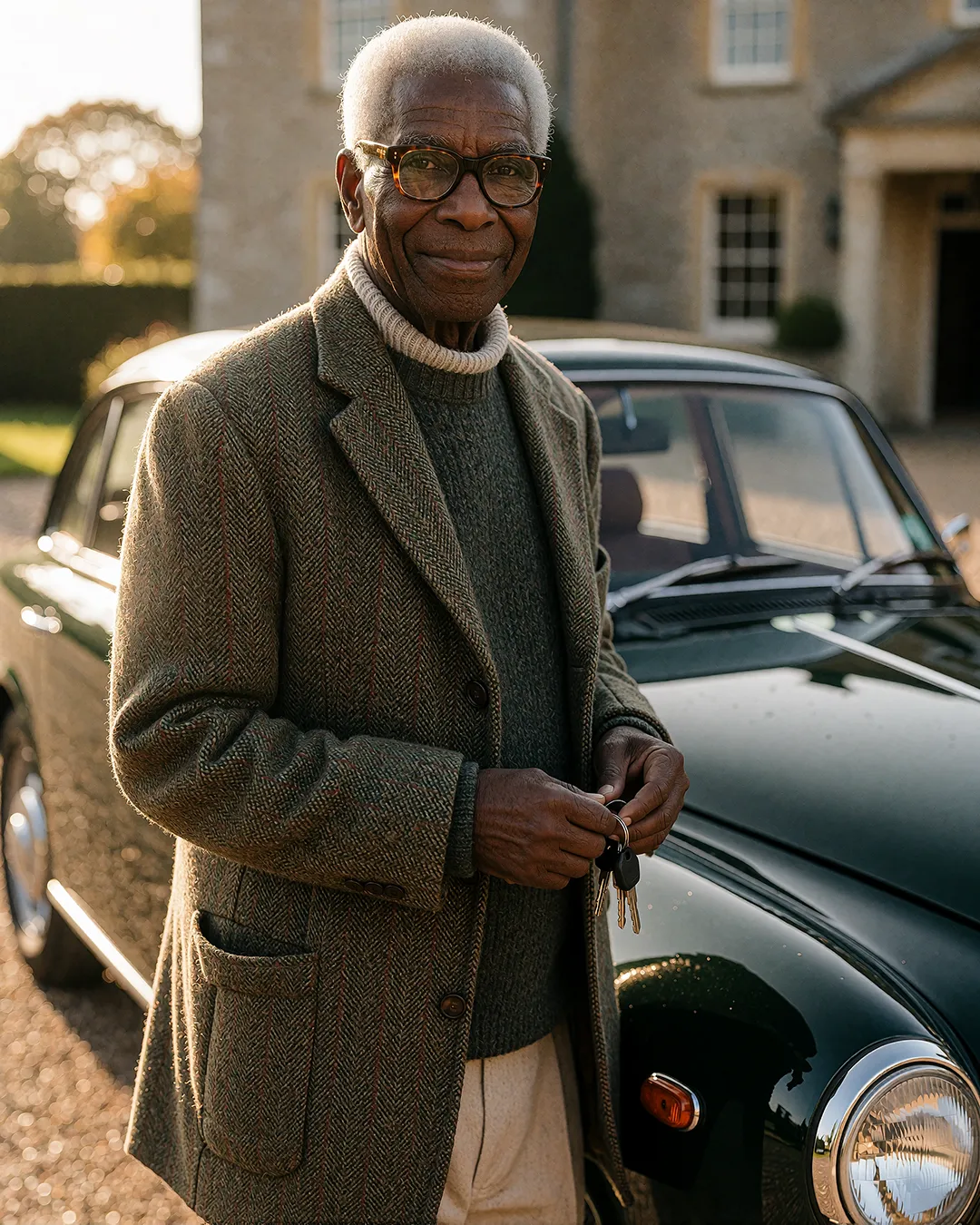 Earl Radcliffe steht im Tweed-Mantel neben einem grünen Oldtimer vor einem englischen Landhaus.